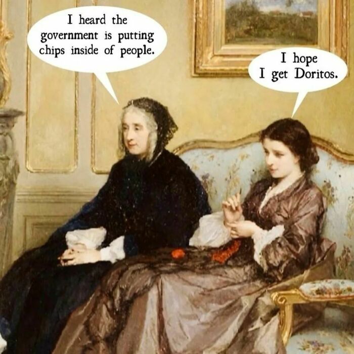 Classic painting humor two women with speech bubbles about chips and Doritos illustrating hilarious memes on great art