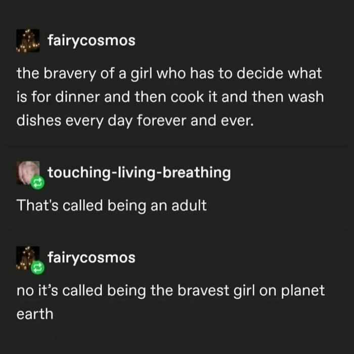 Millennial meme about the challenges of daily adult life like cooking and cleaning, humorously described as bravery.