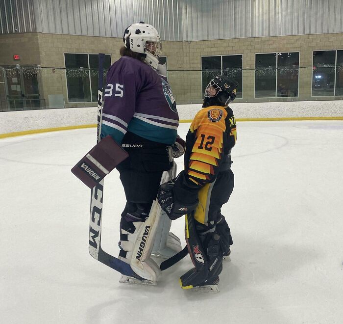 The Size Difference Between Me And My Opposing Goalie The Other Night. I’m 5’3 Without Skates And He’s 6’7 Without Skates