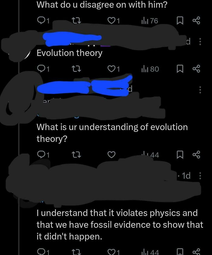 A social media exchange showcasing overly-confident incorrect people discussing evolution theory.