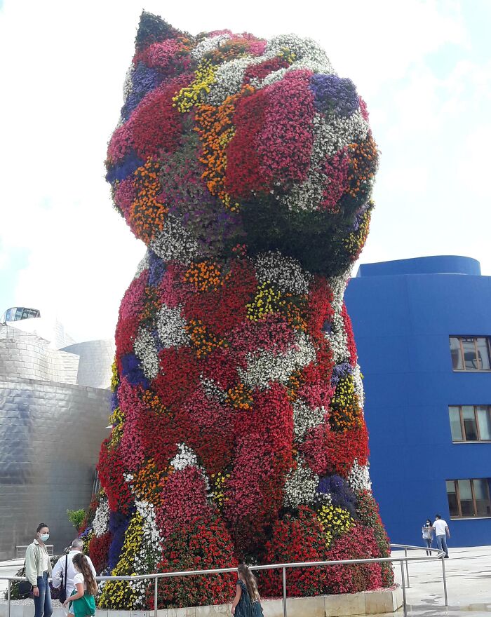 «Puppy», una estatua de perro hecha totalmente de flores por Jeff Koons en 1992, se encuentra en el Museo Guggenheim de Bilbao (España).