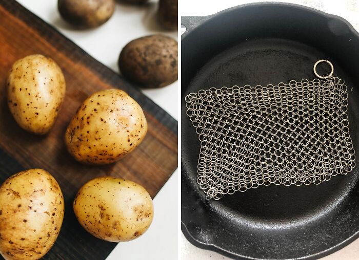 A simple potato and some salt can work wonders for removing rust from cast iron, but for truly effortless cleaning, try a stainless steel chainmail scrubber.