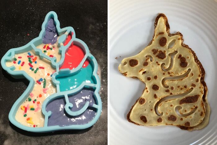 Unicorn-shaped pancake mold with colorful batter, injecting some much-needed goofiness into breakfast.