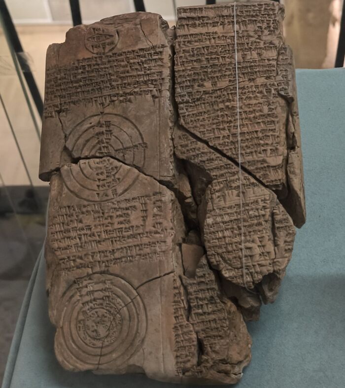 An Ancient Clay Tablet Found In Uruk (Warka), Southern Iraq, Inscribed With Cuneiform Script And 3 Geometric Circles Containing Astronomical Calculations