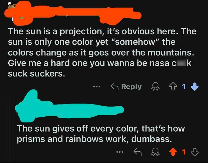 Two comments in a heated debate, showcasing overly confident incorrect people discussing sunlight and color.