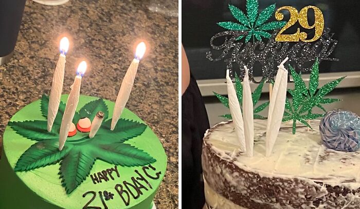 Two cakes decorated with cannabis-themed candles, adding goofiness to birthdays.