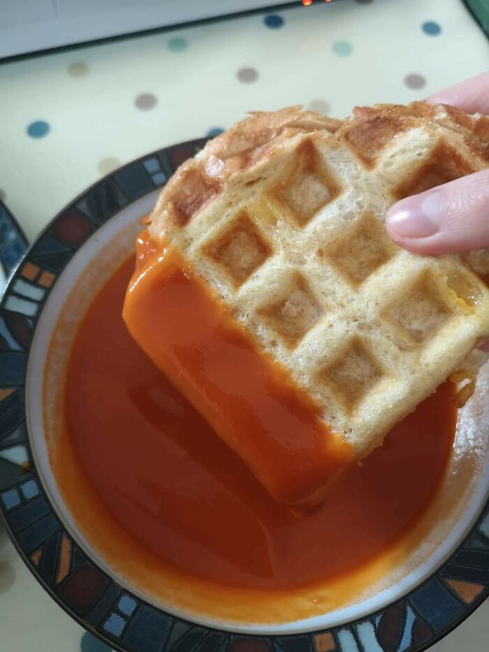 Grilled Cheese Cooked In A Waffle Iron (The Holes Hold Extra Soup)