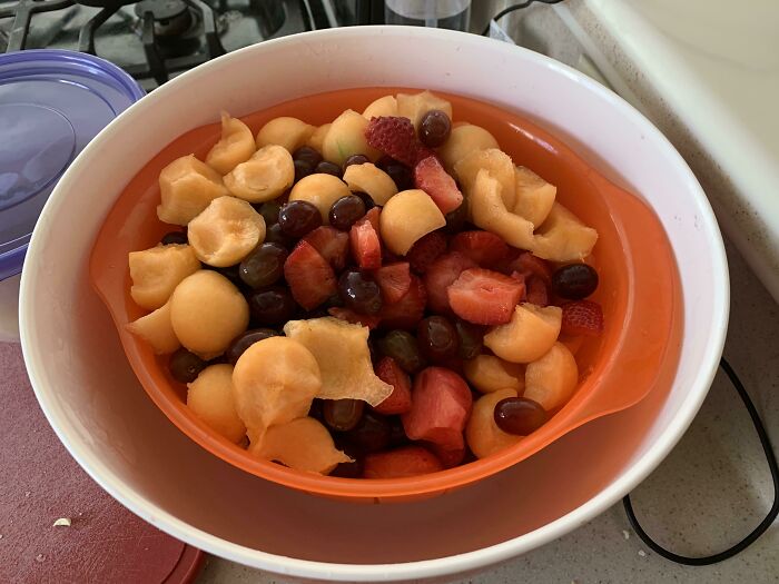 Store Your Fruit Salad In A Strainer Inside A Larger Bowl. It Keeps The Fruit Above The Juices, And You Can Just Take The Strainer Out And Dump The Juice Out Of The Bowl Every So Often. The Fruit Stays Fresh Much Longer!