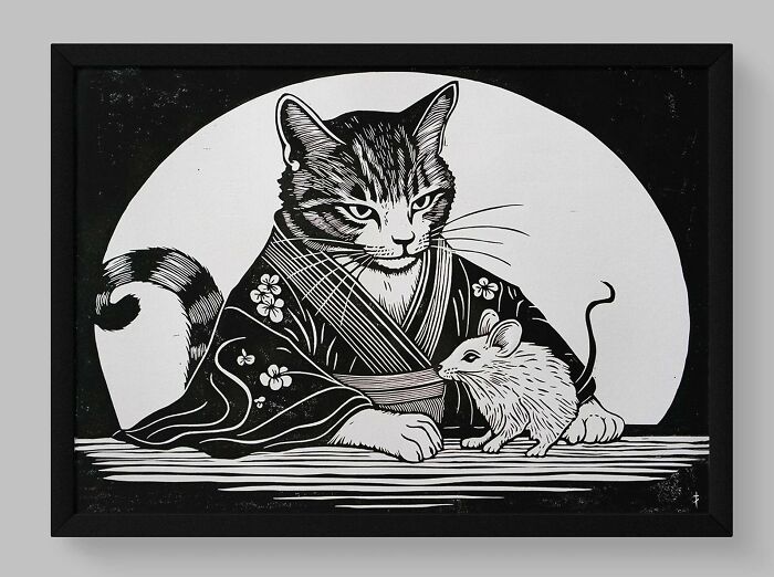 Let Me Know What You Think Of My Cat In A Kimono Linocut Print