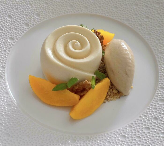 Oolong Tea Ice Cream, Poached Peaches & Camembert Cheese Panna Cotta