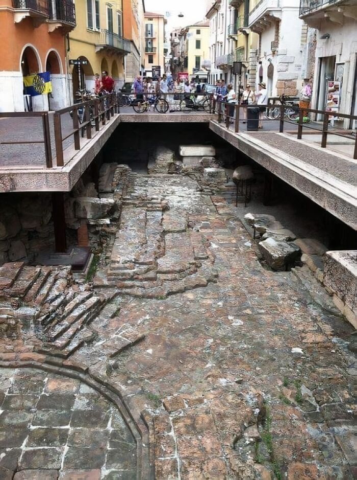 Remains Of The Ancient Roman City Under The Modern Road In Verona, Close To Porta Leoni, Italy