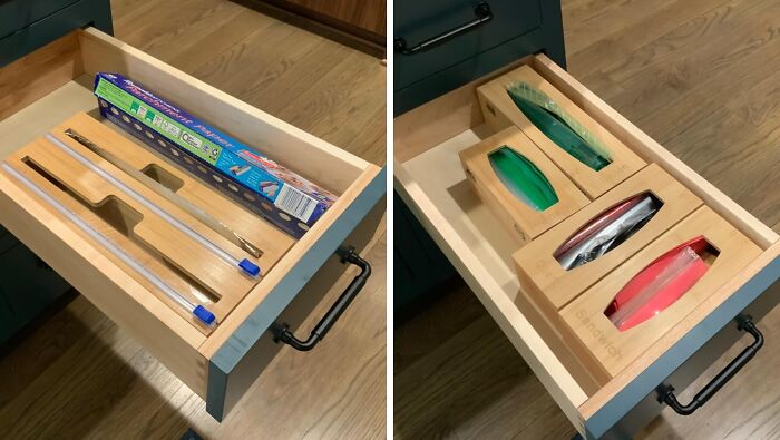 Your Kitchen Drawers Are About To Go From 'Chaotic Mess' To 'Organized Bliss' With This Bamboo Storage Bag Organizer