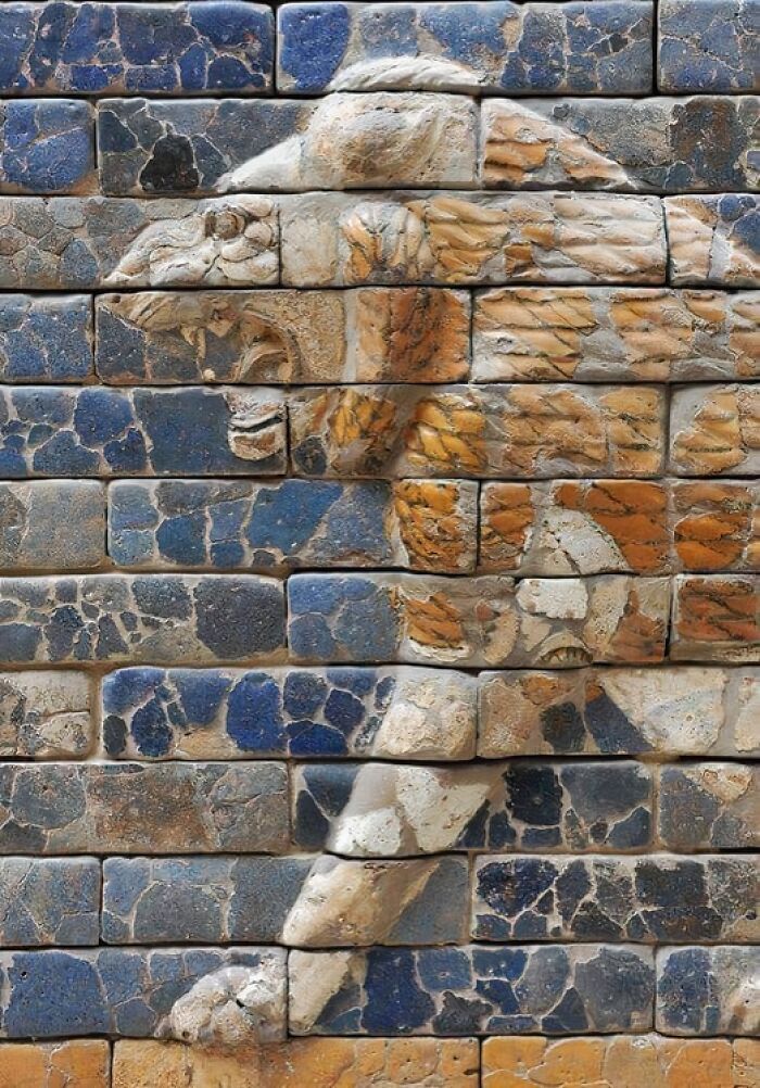 Ancient Glazed Tiles From The The Processional Way Of The Isthar Gate Leading To The City Of Babylon, Built By King Nebuchadnezzar In 575 Bc. The Roadway Had 60 Lions On Both Of Its Sides, Each Lion Made Of Forty-Six Molded Bricks In Eleven Rows