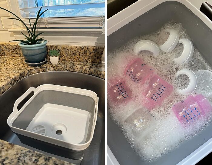 Collapsible wash basin for kitchen convenience, featuring soaking baby bottles and accessories in soapy water.