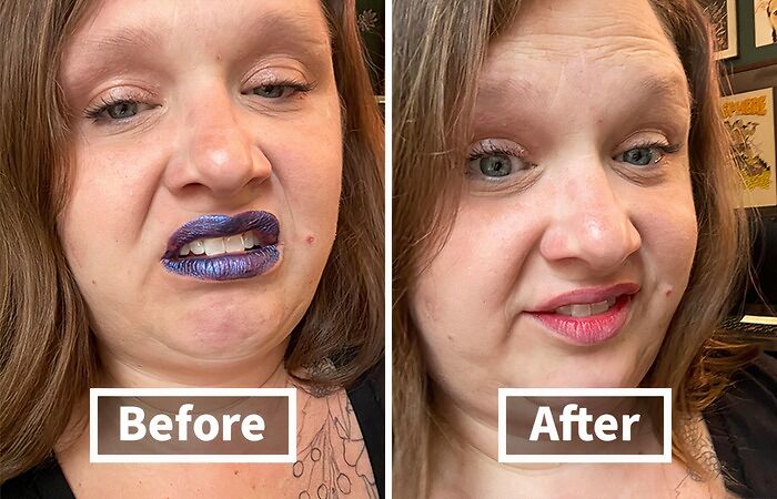 Before and after makeup application highlighting a wished-for item effect.