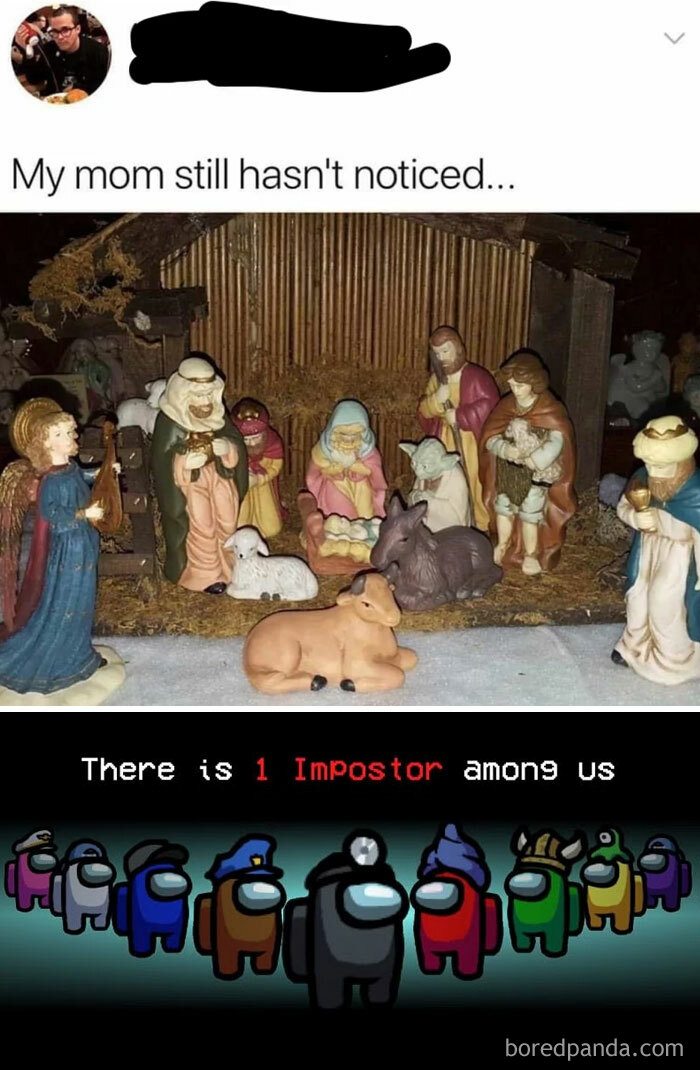 An Among Us meme showing a photo of a traditional nativity scene with various figurines, including an angel, shepherds, animals, and Mary and Joseph, but with Yoda from Star Wars humorously placed among them. Above the photo, a caption reads, "My mom still hasn't noticed..." Below, an image from Among Us says, "There is 1 Impostor among us," referencing the hidden Yoda as the imposter, playfully blending themes from pop culture with the game's premise.