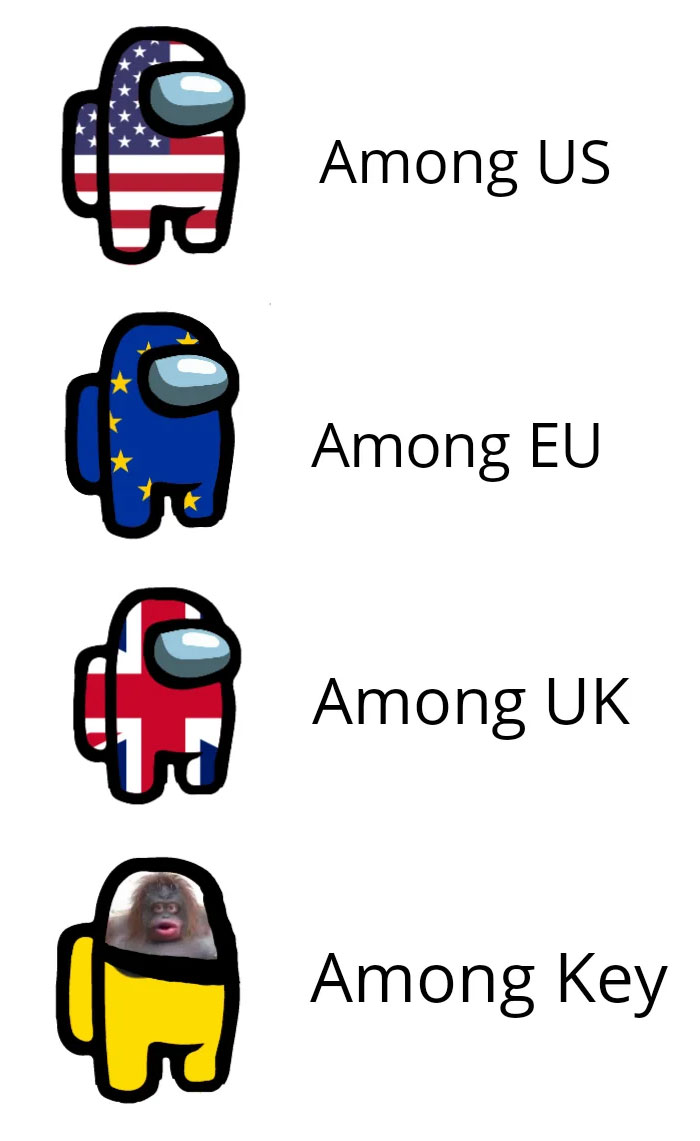 An Among Us meme featuring four different crewmates with humorous wordplay. The first crewmate is styled with the American flag colors and labeled "Among US." The second crewmate has the European Union flag and is labeled "Among EU." The third crewmate is decorated with the UK flag and labeled "Among UK." The fourth crewmate is yellow with the face of a monkey in place of the visor, humorously labeled "Among Key," playing on the similarity in sound between "Among Key" and "monkey."