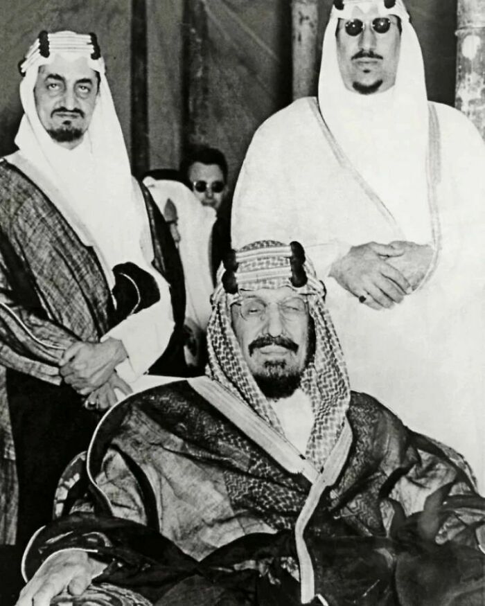 First King Of Saudi Arabia Ibn Saud With His Sons Prince Faisal (On The Left) And Prince Saud (On The Right) In The Early 1950s