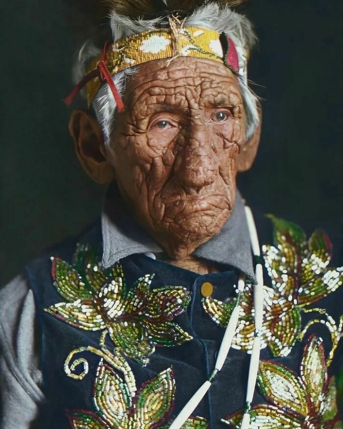 Portrait Of John Smith, Also Known As The White Wolf, Elderly Native American Chippewa Of Cass Lake, Minnesota, In Traditional Dress, 1914. (Probably Born Between 1822 And 1826, Although Presumably As Early As 1784; Died In February 6, 1922)