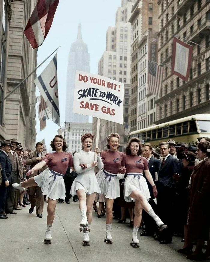 "Do Your Bit! Skate To Work" Women Of The Uso Promoting Gas Rationing During WWII. New York City, 1940's