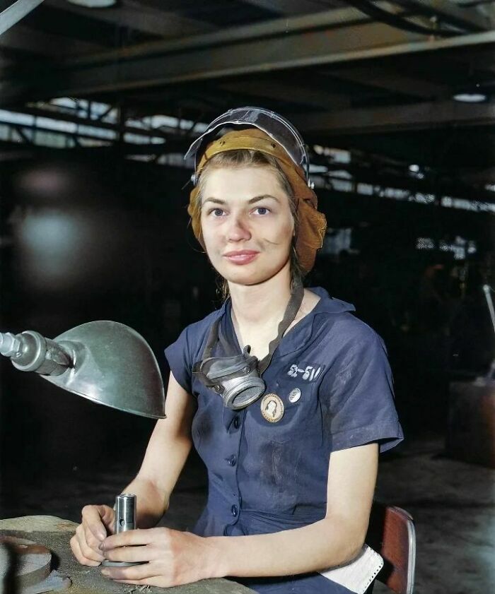 Eunice Hancock, A 21-Year-Old Woman, Operates A Compressed-Air Grinder In A Midwest Aircraft Plant During W-W-II. August 1942