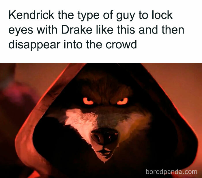 A meme featuring an intense-looking animated wolf character with glowing eyes, wearing a hooded cloak. The text above the image reads, "Kendrick the type of guy to lock eyes with Drake like this and then disappear into the crowd."