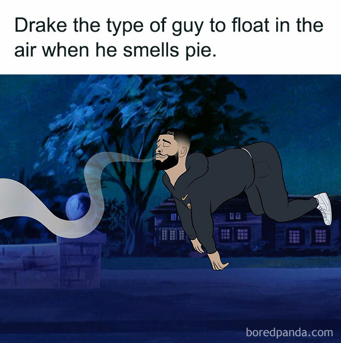 A "Drake the type of guy" meme featuring an animated depiction of Drake floating in the air with a blissful expression as he follows a trail of pie-scented steam. The background shows a nighttime scene with a house in the distance. The text at the top reads, "Drake the type of guy to float in the air when he smells pie."