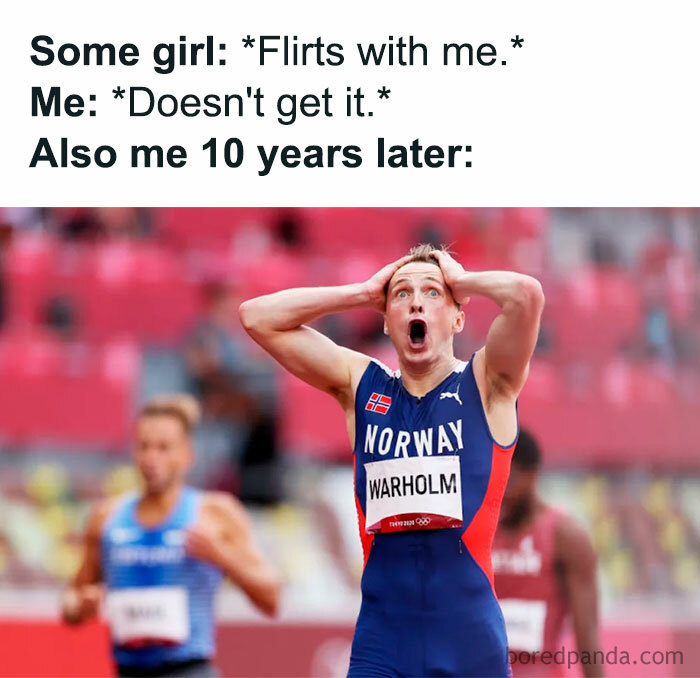 A flirty meme featuring a track and field athlete from Norway named Warholm with a surprised expression, hands on his head. The text above the image reads, "Some girl: Flirts with me. Me: Doesn't get it. Also me 10 years later:" implying a delayed realization of the flirtation.