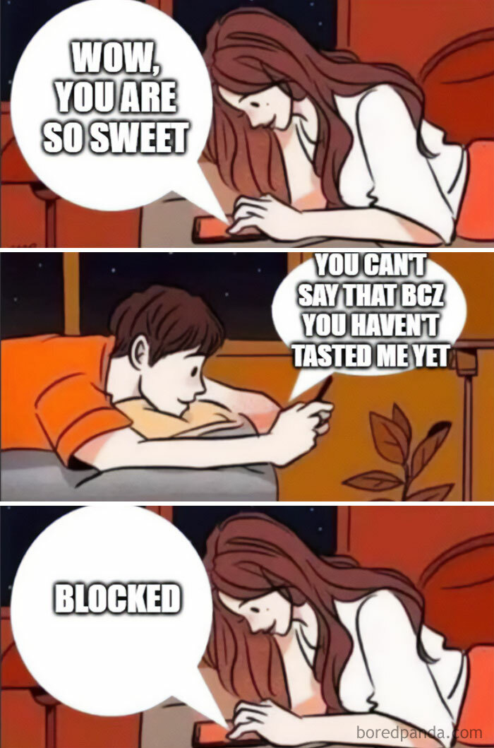 A flirty meme featuring a three-panel comic of a conversation between a boy and a girl via text. In the first panel, the girl texts, "WOW, YOU ARE SO SWEET." In the second panel, the boy responds, "YOU CAN'T SAY THAT BCZ YOU HAVEN'T TASTED ME YET." In the third panel, the girl replies, "BLOCKED," humorously depicting the boy's flirty attempt leading to an instant rejection.