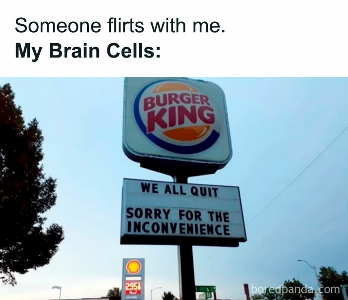 A flirty meme featuring a Burger King sign that reads, "WE ALL QUIT. SORRY FOR THE INCONVENIENCE." The text above the image reads, "Someone flirts with me. My Brain Cells:" humorously implying that the person's brain stops functioning when someone flirts with them.