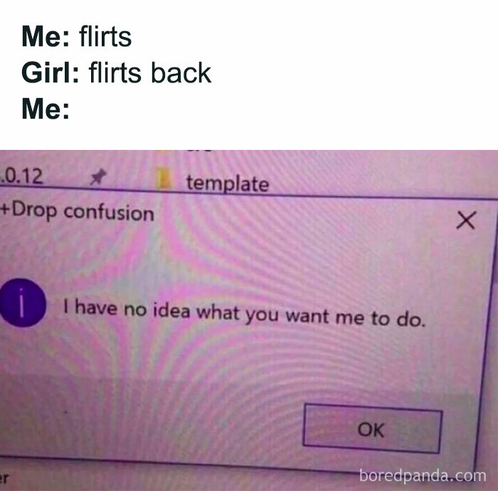 A flirty meme with a screenshot of a computer error message. The text above the image reads, "Me: flirts Girl: flirts back Me:" Below, the error message says, "I have no idea what you want me to do," implying confusion in response to the girl flirting back.