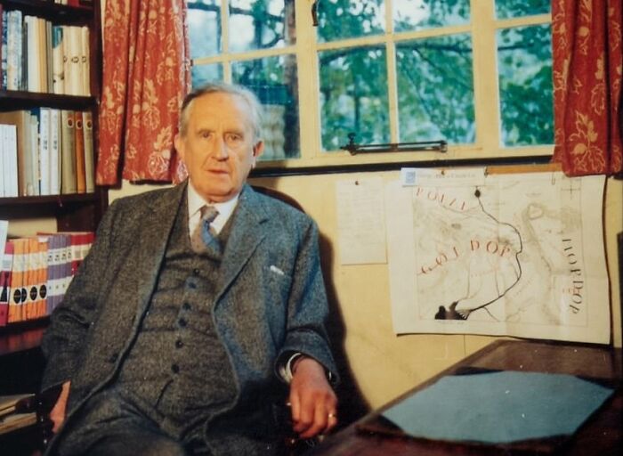 J.R.R Tolkien In His Study With His Own Hand-Drawn Map Of Middle Earth