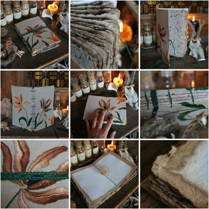 Books Covered In Vintage Handcrafted Embroidery (Discovered At A Local Flea Market), With Lichen-Included Pages And Walnut-Dyed Edges