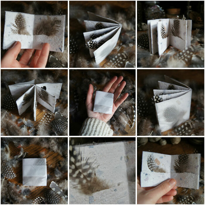 Whimsical Pocket-Bound Book With Real Feathers And Tea Paper Pages