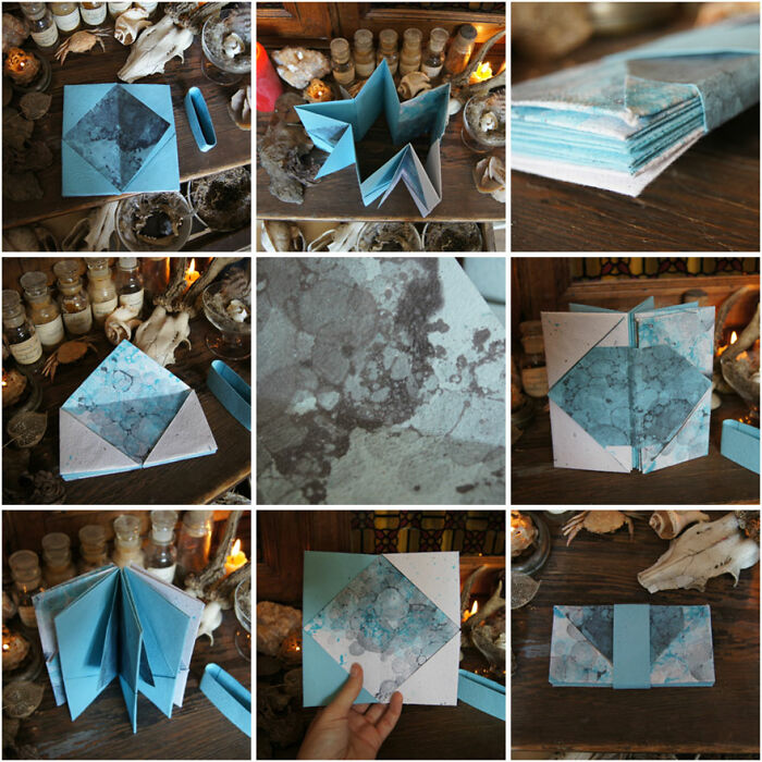 Modern 'Winged Envelopes' Binding: Entirely Folded And Glued With My Handmade Paper, Decorated In A Marble Paper Style