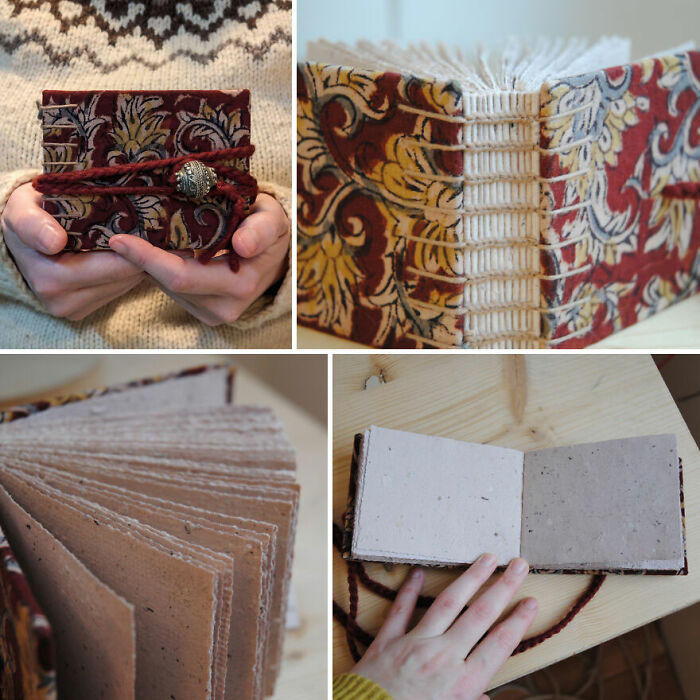 Coptic Binding With Indian Blockprint Fabric, Antique Metal Bead, And Hibiscus Fiber Paper