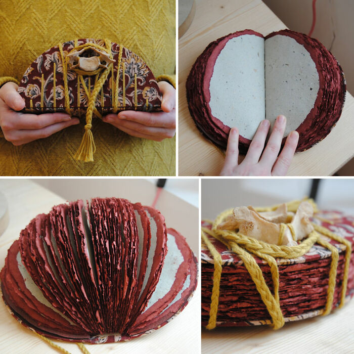 Secret Belgian Binding With Round Pages, Ink-Dyed Edges, Indian Blockprint Fabric, And A Genuine Animal Vertebra (Found In The Forest)