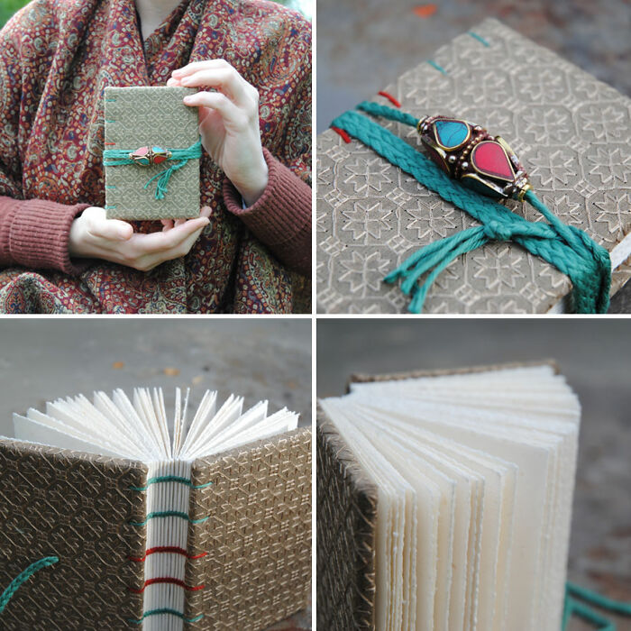 Coptic Binding With Mulberry Paper, Embroidered Indian Fabric, And Traditional Tibetan Bead