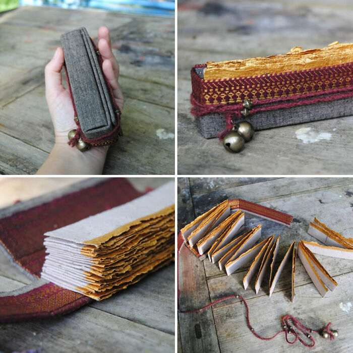 Stunning 4-Meter Accordion Book In A Box Binding, Featuring Antique Sari Fabric, Jingles, And Gold-Edged Pages