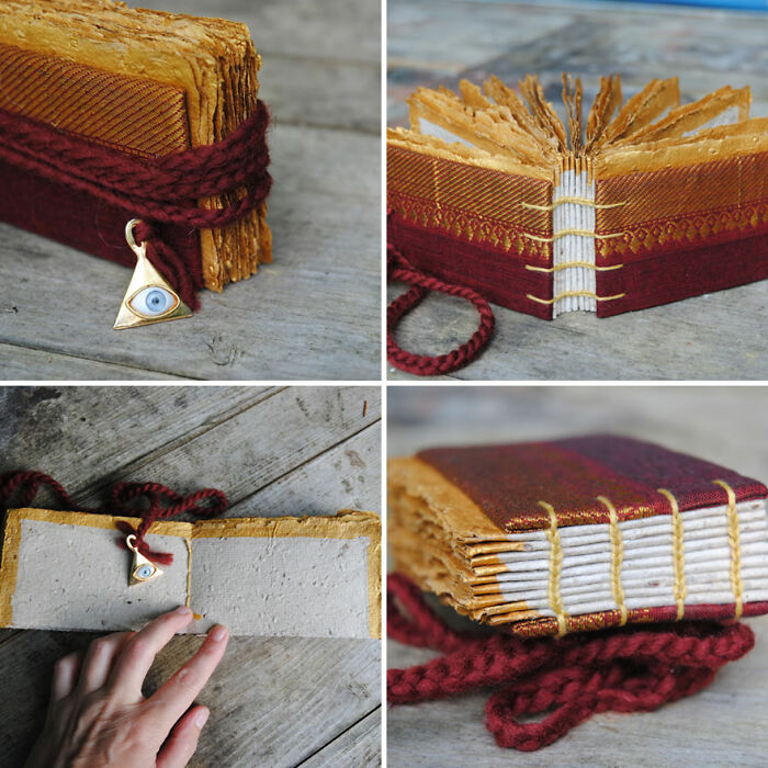 Mystical Coptic Bound Book With Antique Sari Fabric, Seed-Embedded Paper, And Gold-Edged Pages