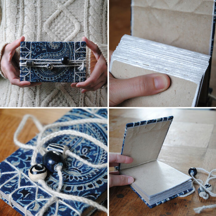 Japanese Bound Book With Indigo-Dyed Indian Blockprint Fabric, Silver-Edged Pages, And Handmade Ceramic Beads Crafted By Myself