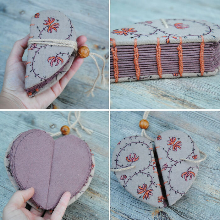 Heart-Shaped Book In The Style Of Medieval Cordiform Books, Bound In Hand-Embroidered Fabric From An Antique Indian Wool Shawl