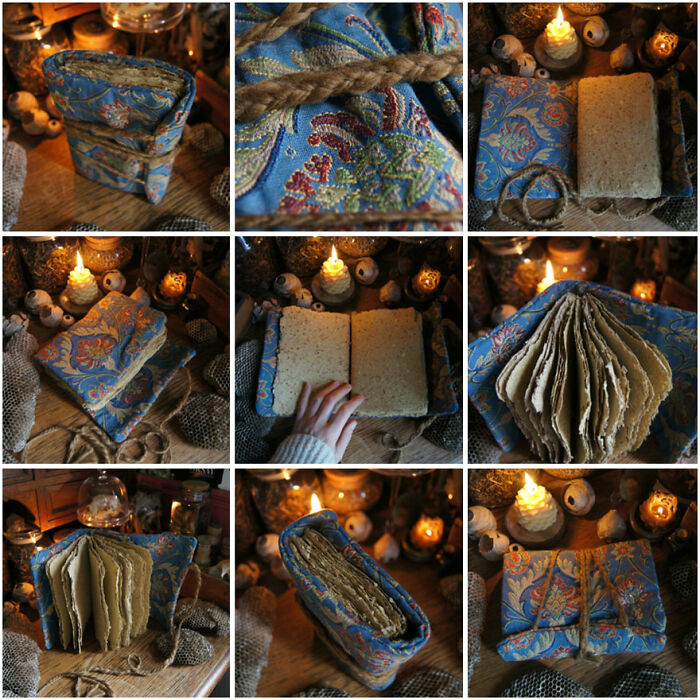 Enchanting Grimoire-Style Book Crafted From Citrus Paper And Antique Tapestry Fabric, Bound With Mohair Wool