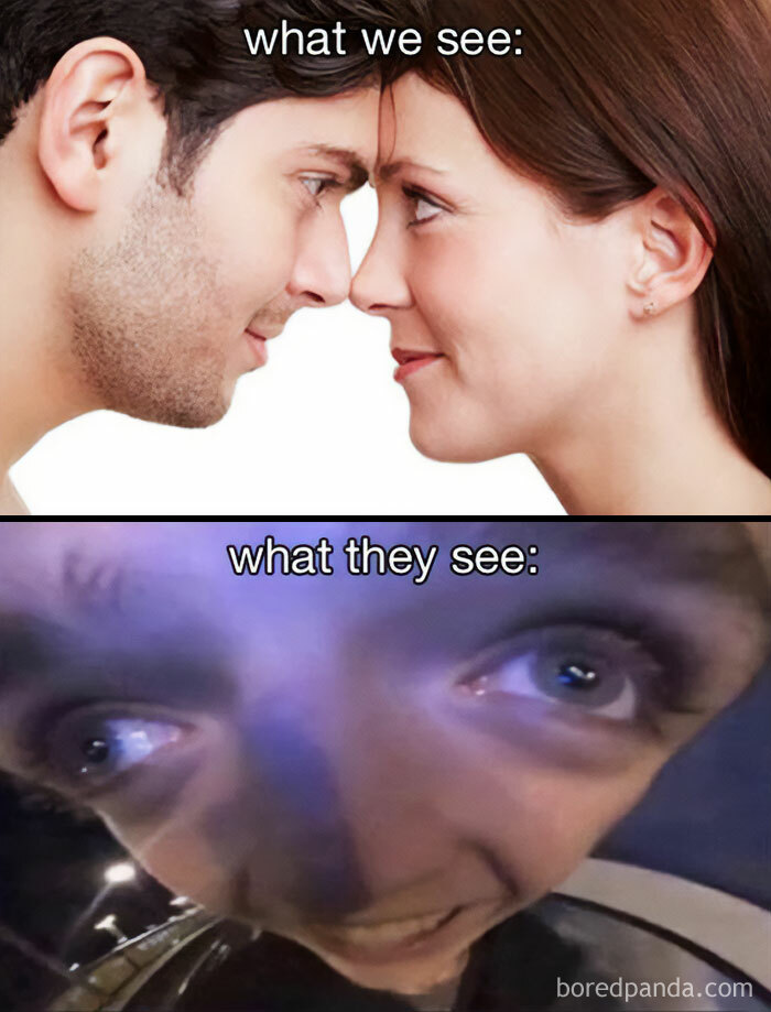 A love meme with two panels. The top panel, labeled "what we see," shows a couple touching foreheads and looking lovingly into each other's eyes. The bottom panel, labeled "what they see," shows a distorted, close-up image of a man's face, emphasizing a humorous and exaggerated perspective.