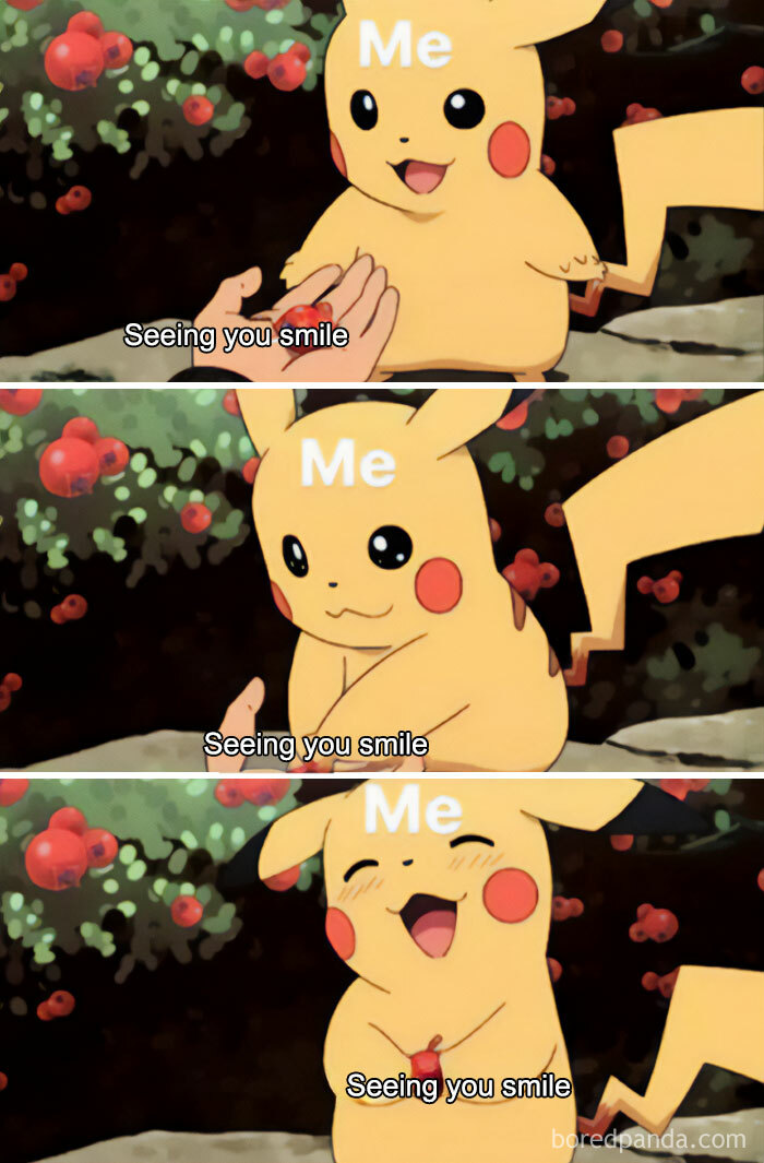 A love meme featuring three panels of Pikachu from Pokémon. In each panel, Pikachu has "Me" written on its forehead. The text below each panel reads, "Seeing you smile." Pikachu's expression transitions from a neutral face in the first panel to a happy, blushing face in the second, and finally to a joyful, laughing face in the third. The background shows a garden with bushes and red berries.