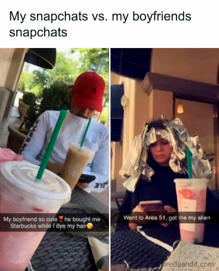 A love meme featuring two contrasting Snapchat photos. The text above reads, "My snapchats vs. my boyfriend's snapchats." The left photo shows a girl admiring her boyfriend, captioned, "My boyfriend so cute ❤️ he bought me Starbucks while I dye my hair 😘". The right photo shows the same girl with her hair in foils, looking down at her phone, captioned, "Went to Area 51, got me my alien." Both images show drinks from Starbucks on the table.