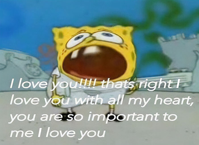 A love meme featuring a blurry image of SpongeBob SquarePants yelling with a wide open mouth. The text overlaid on the image reads, "I love you!!!! that's right I love you with all my heart, you are so important to me I love you." The background shows an outdoor scene from the SpongeBob SquarePants cartoon.