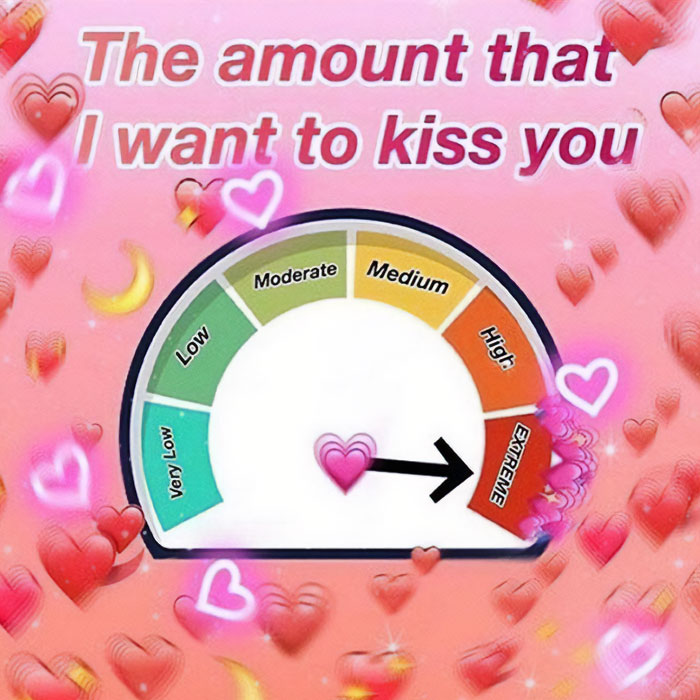  A love meme featuring a gauge with levels ranging from "Very Low" to "Extreme." The needle points to "Extreme" with a pink heart emoji next to it. The text above the image reads, "The amount that I want to kiss you." The background is filled with pink heart and sparkle emojis, creating a romantic and affectionate atmosphere.