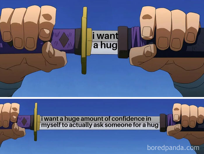 A love meme featuring two images of hands gripping the hilt of a katana. In the first image, the katana is being drawn, and the text on the blade reads, "I want a hug." In the second image, the blade is fully drawn, and the extended text on the blade reads, "I want a huge amount of confidence in myself to actually ask someone for a hug."