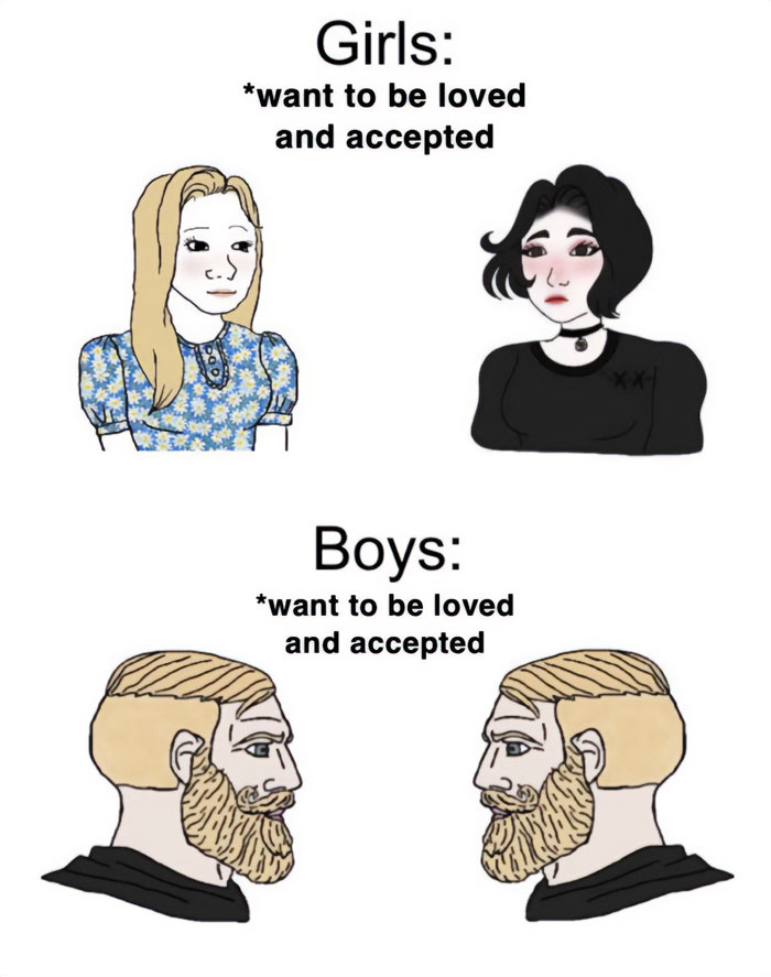 A love meme divided into two sections. The top section is labeled "Girls: *want to be loved and accepted" and features two cartoon girls, one with long blonde hair wearing a blue floral dress, and the other with short black hair wearing a black outfit. The bottom section is labeled "Boys: *want to be loved and accepted" and shows two identical cartoon men with blonde hair and beards, facing each other and looking stoic.